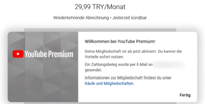 Abschluss eines Abonnements für YouTube Premium